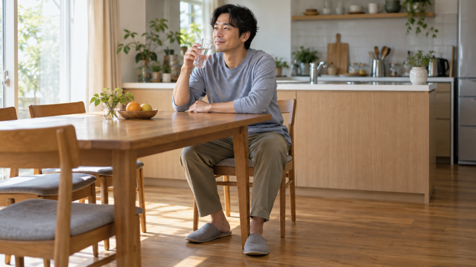 自宅の食卓で椅子に座り、水の入ったコップを持つ男性