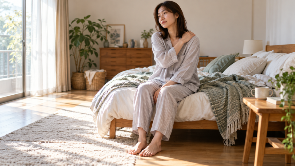 朝の寝室でベッドの端に座り、肩へ軽く手を添える女性
