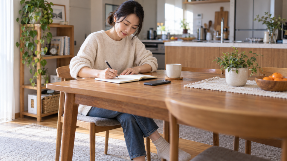 スマートフォンを置いた食卓でノートを書く女性