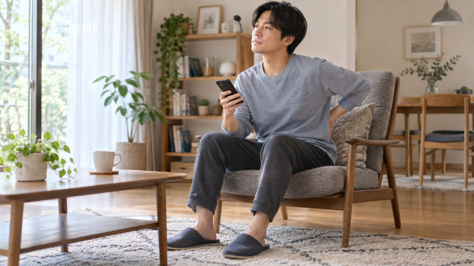 自宅の椅子に座り、スマートフォンを持って腰へ手を添える男性