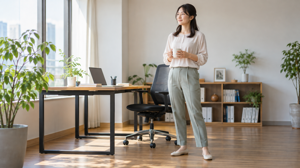 机のそばで立ち上がり、休憩している女性
