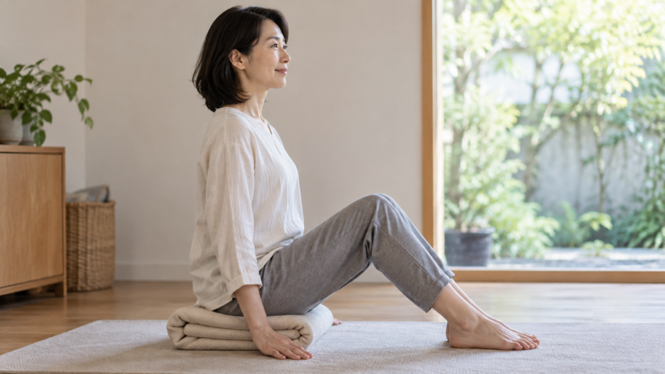 折った敷物に座り、膝を曲げて足を床につける女性
