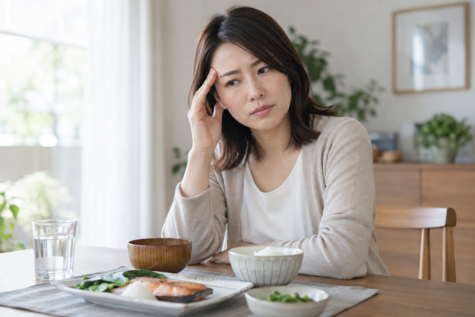 食卓で頭の痛みを気にする女性と、水の入ったコップ