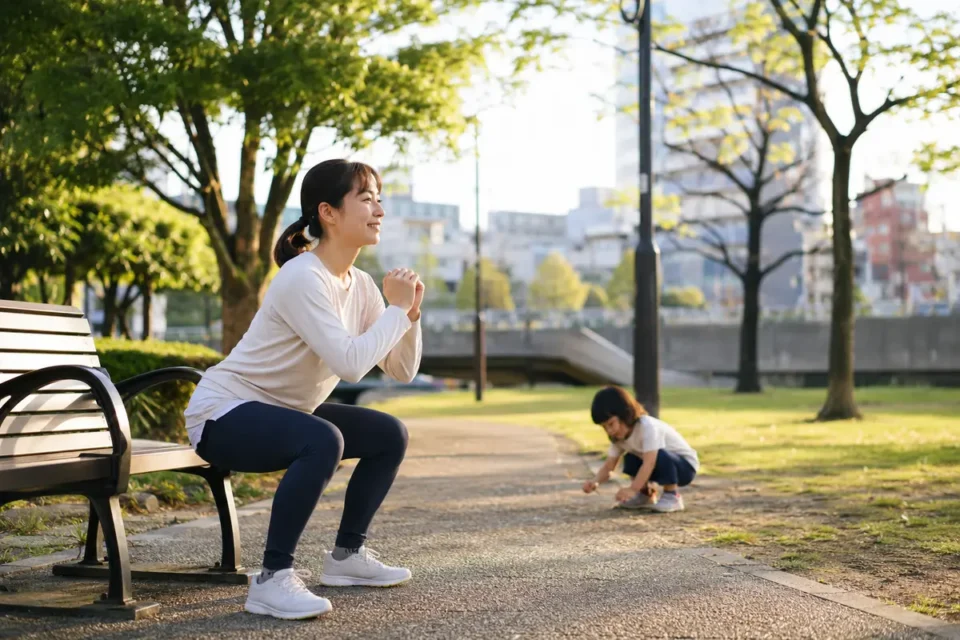 公園のベンチ前で立ち座りをする女性