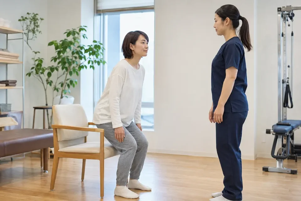 産後の骨盤まわりと姿勢を意識して身体を動かす女性