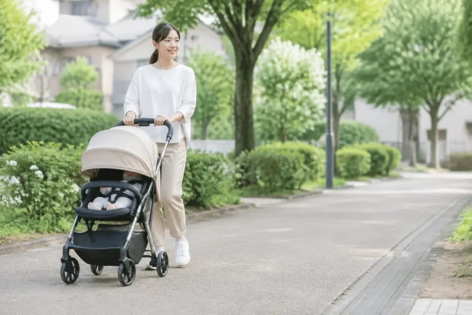 公園の道でベビーカーを押して歩く女性