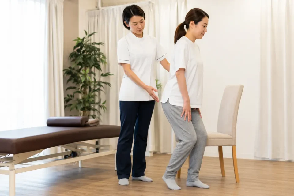 立ち上がりと股関節の動きを確認する産後の女性