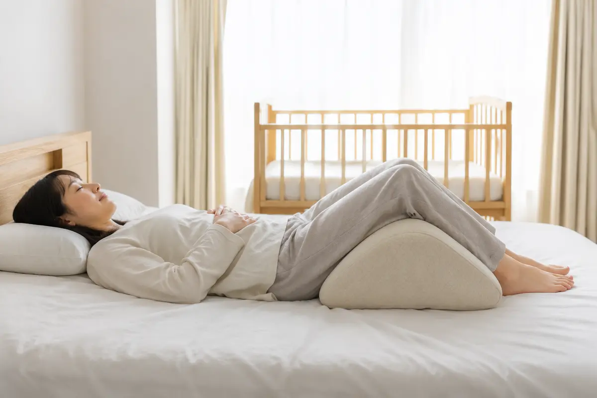 膝の下にクッションを入れて仰向けで休む産後の女性