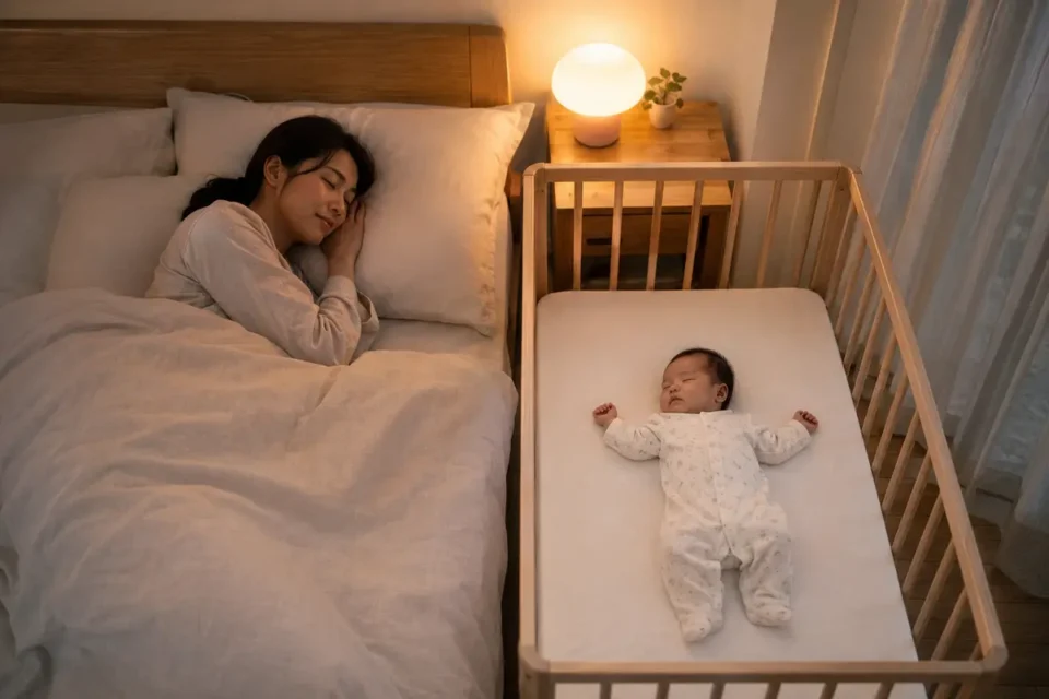 母親と別のベビーベッドで仰向けに眠る赤ちゃん
