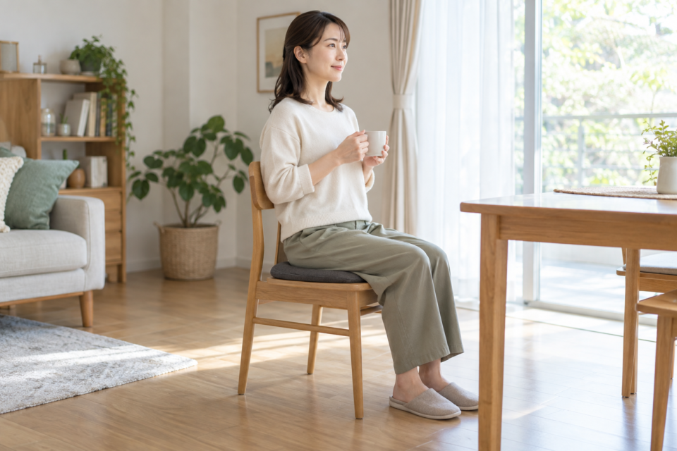 クッションのある椅子に足を床へつけて座る女性