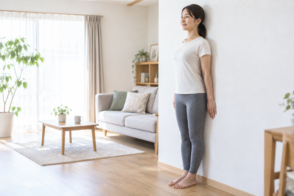 壁を使って無理なく姿勢を確認する女性
