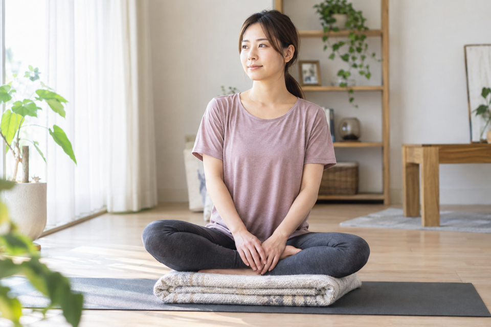 マットと畳んだ布の上に座る女性
